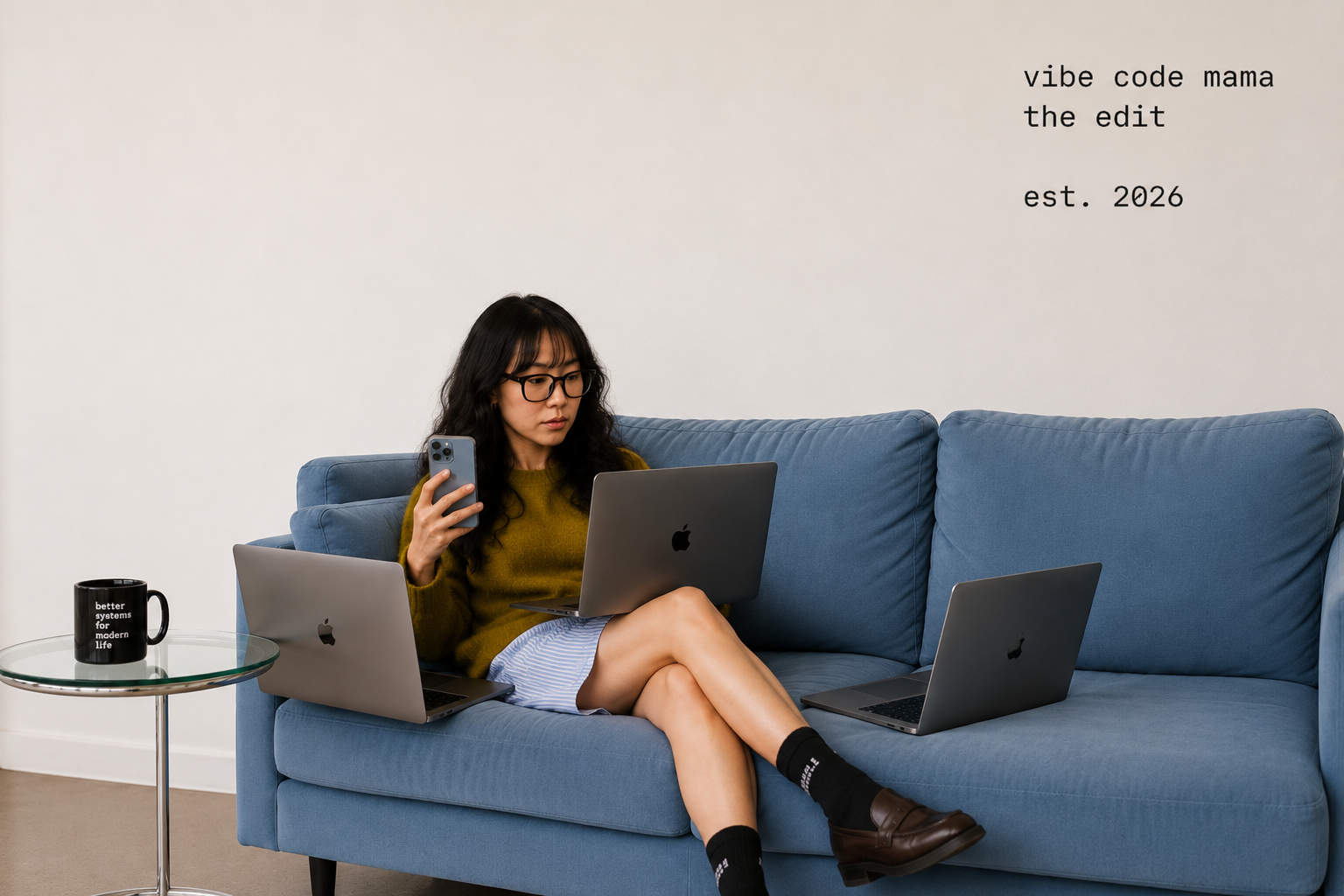 Woman on a blue couch with laptops
