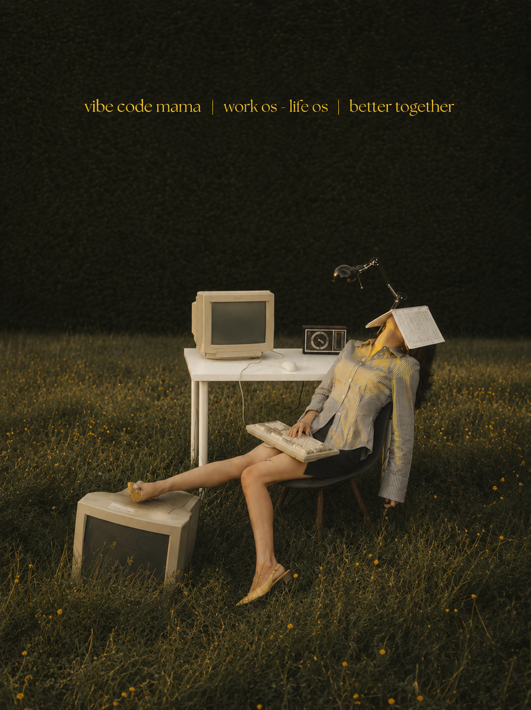 Woman seated at a vintage desk in a grass field