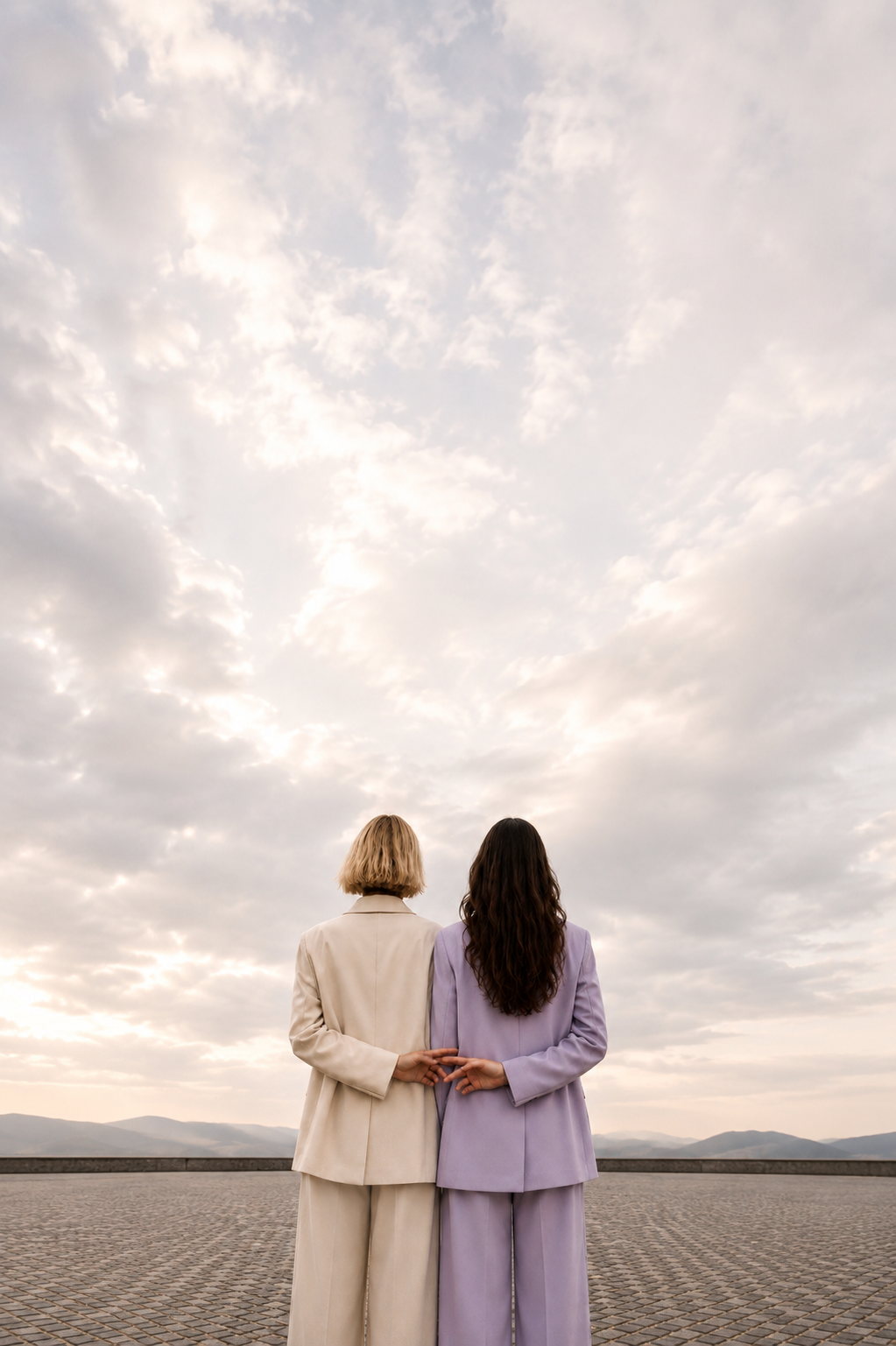 Two women standing together beneath an open sky